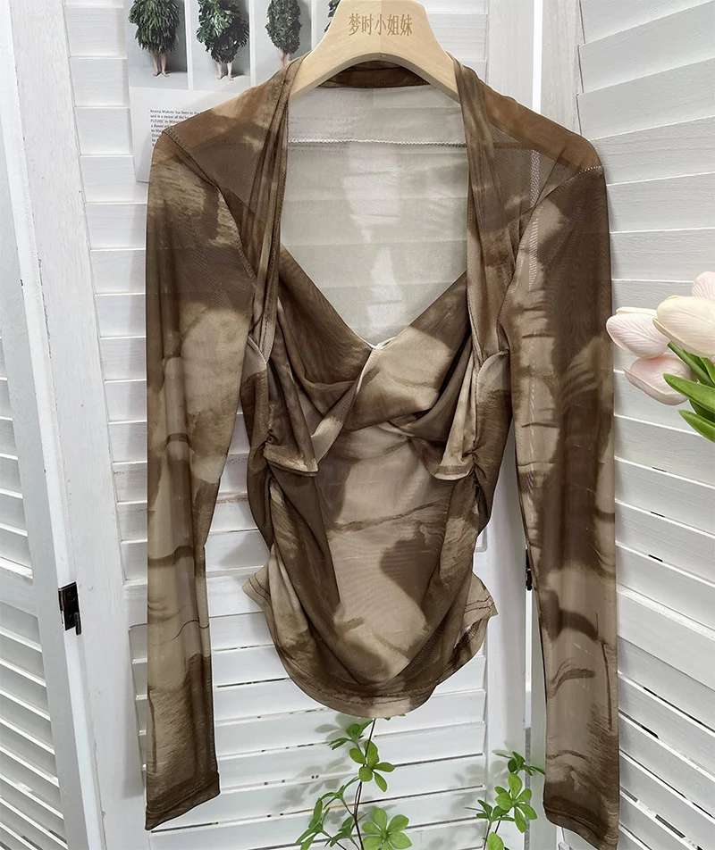 Uveng Explosion Tie-Dye-Print Long Sleeve Bottom Sexy Hottie V-Neck T-Shirt Folded Slimming Mesh Yarn Top 8929