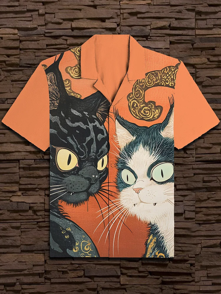 Men's Japanese Folk Art Cats Print Short Sleeve Shirt