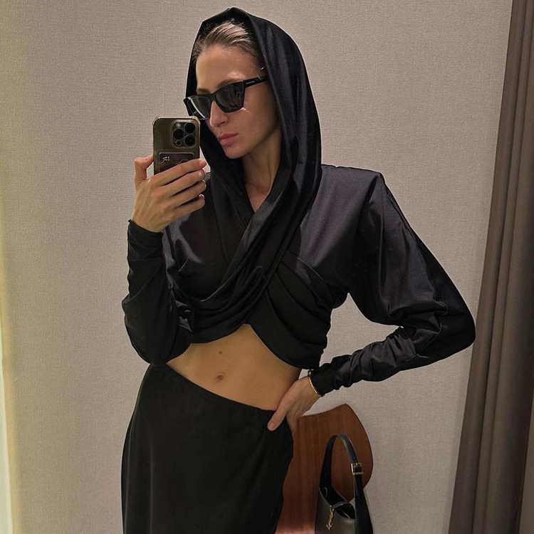 Ootddress Fashion Satin Hoodie Y2k Top For Women Long Sleeve Bandage Patchwork Solid Sexy Vintage Cropped Top Ladies Crop top Tee