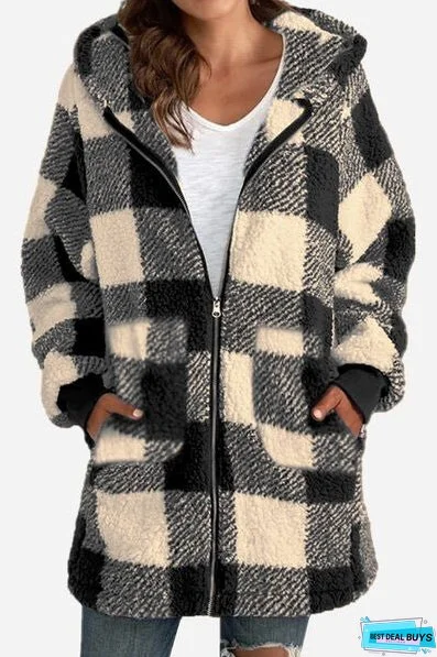 Double Take Full Size Plaid Long Sleeve Hooded Coat