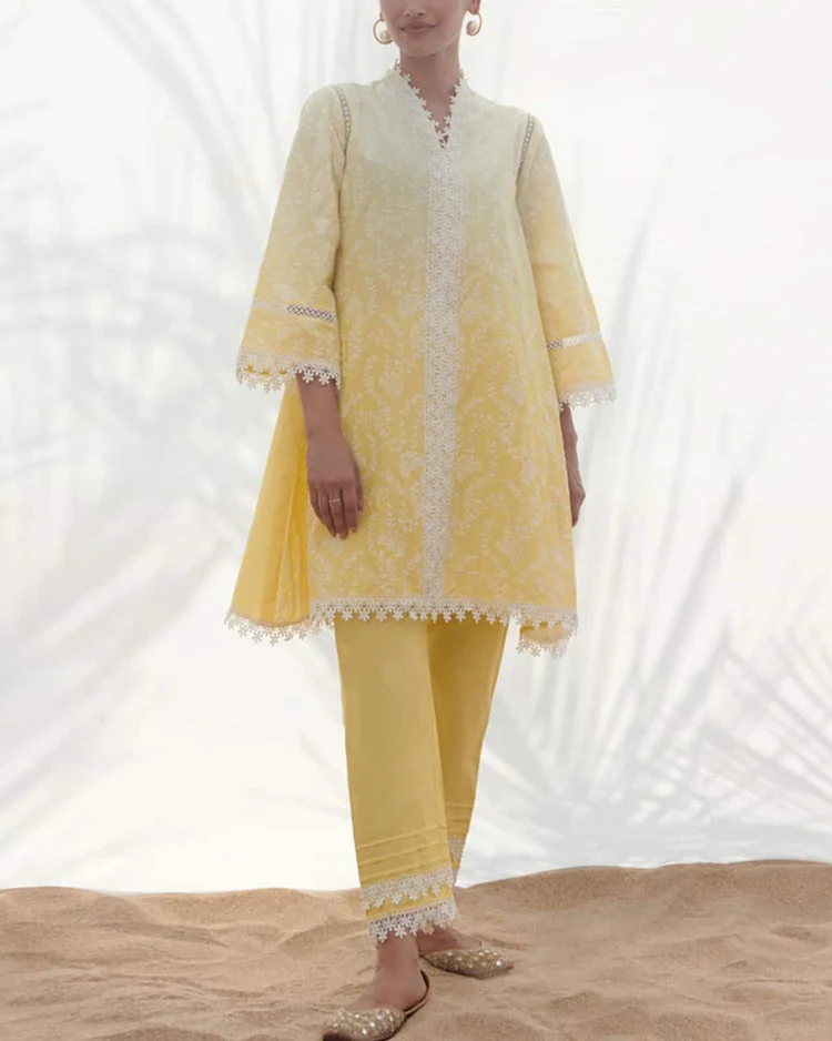 Embroidered Floral Santona Ombre Kurta and Pants Set For Women