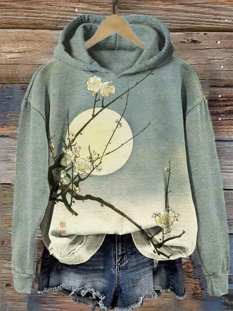 Comstylish Plum Blossom Full Moon Night Gradient Japanese Art Hoodie