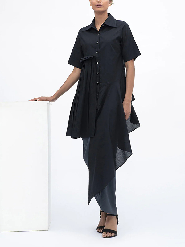 Lapel Asymmetrical Hem One Side Pleat Detail Blouses