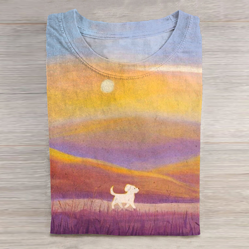 Comstylish Cute Dog Print Round Neck Short Sleeve Casual T-Shirt