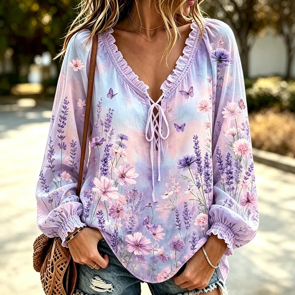 Comstylish Women's Boho V-neck Blouse - Lavender Flowers, Daisies And Small Butterflies Print Ruffle Long Sleeve Top
