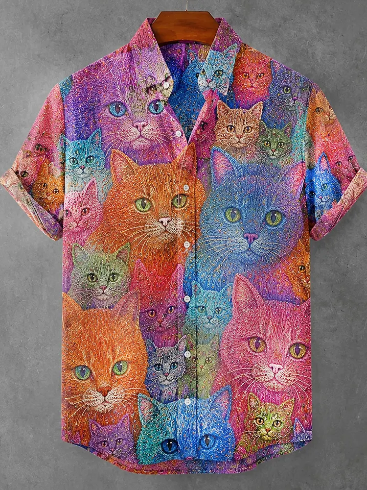 Colorful Cat Head Art Cotton And Linen Short-sleeved Shirt  artssus