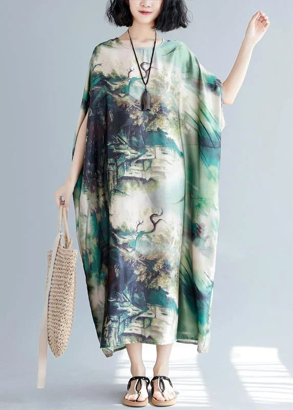 French green print clothes Women o neck batwing sleeve Traveling summer Dresses