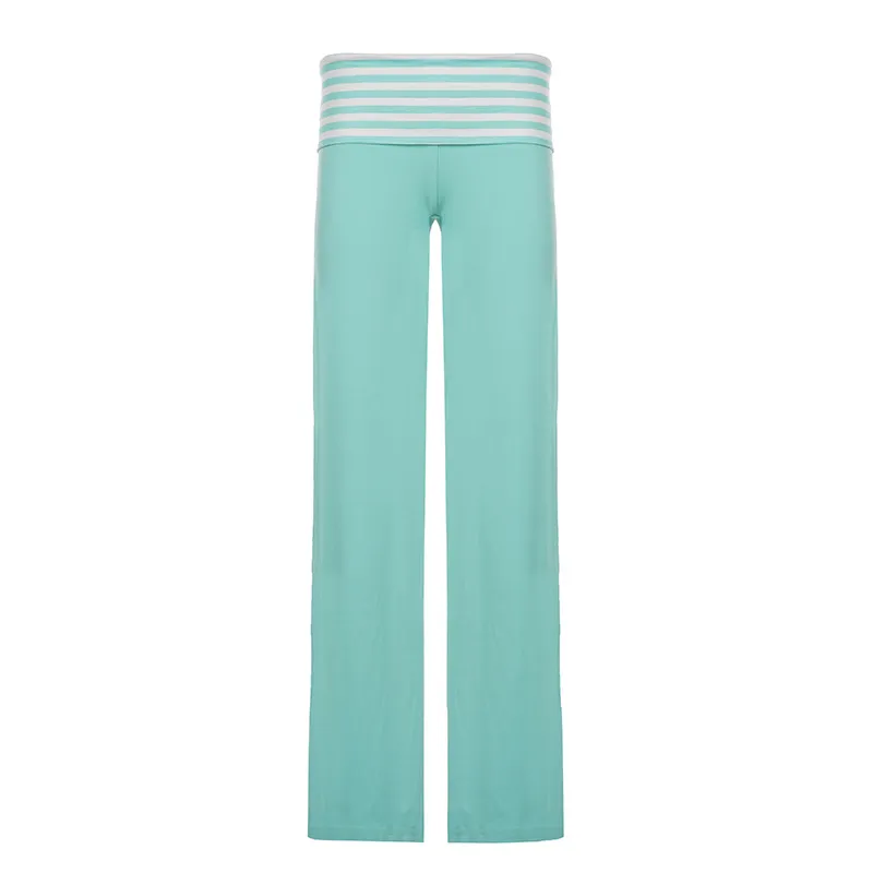 Women Striped Fold Over Waist Wide Leg Pants