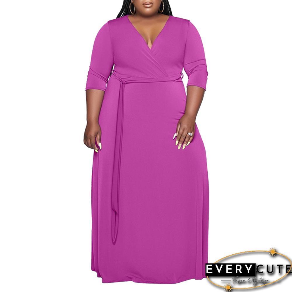Rosy V Neck 3/4 Sleeve Plus Size Dress with Tie