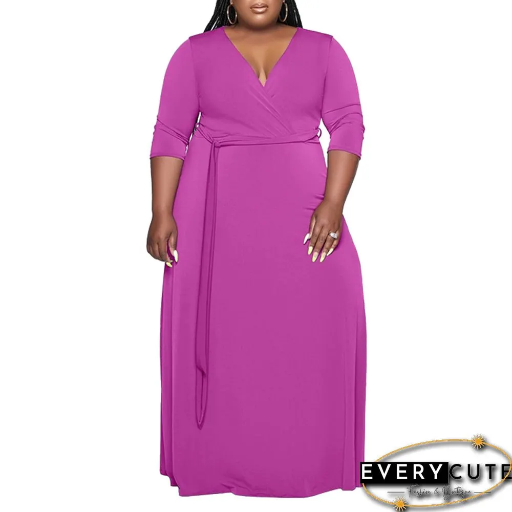 Rosy V Neck 3/4 Sleeve Plus Size Dress with Tie