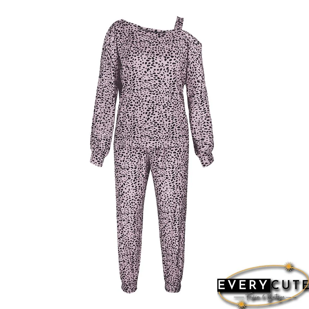 Pink Leopard Print Cold Shoulder Loungewear Pant Set