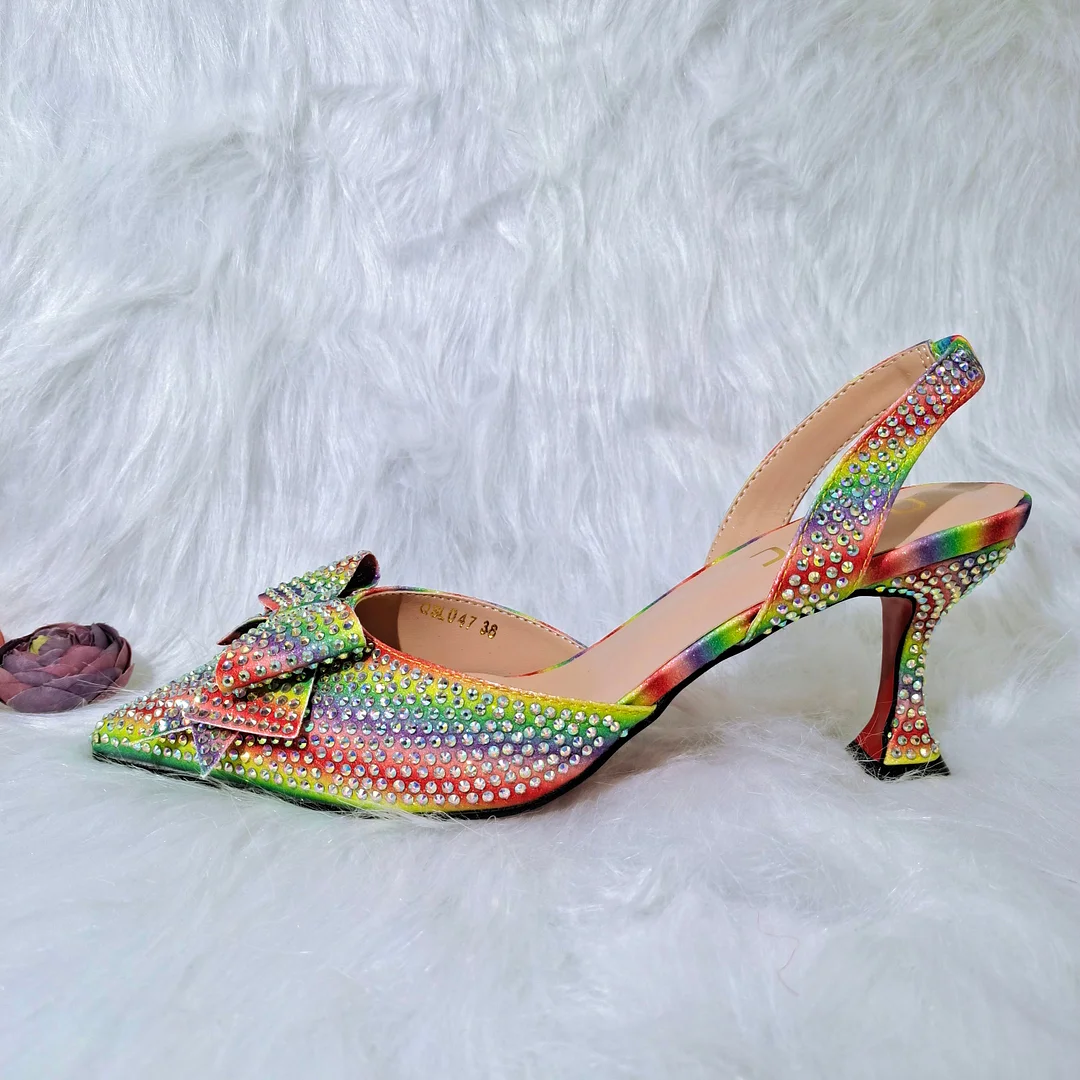 QSGFC 2022 New Fashion Full Of Crystal Decoration Style Rainbow Glass Heel Friends Party Shoes Ladies Shoes And Bag For Party