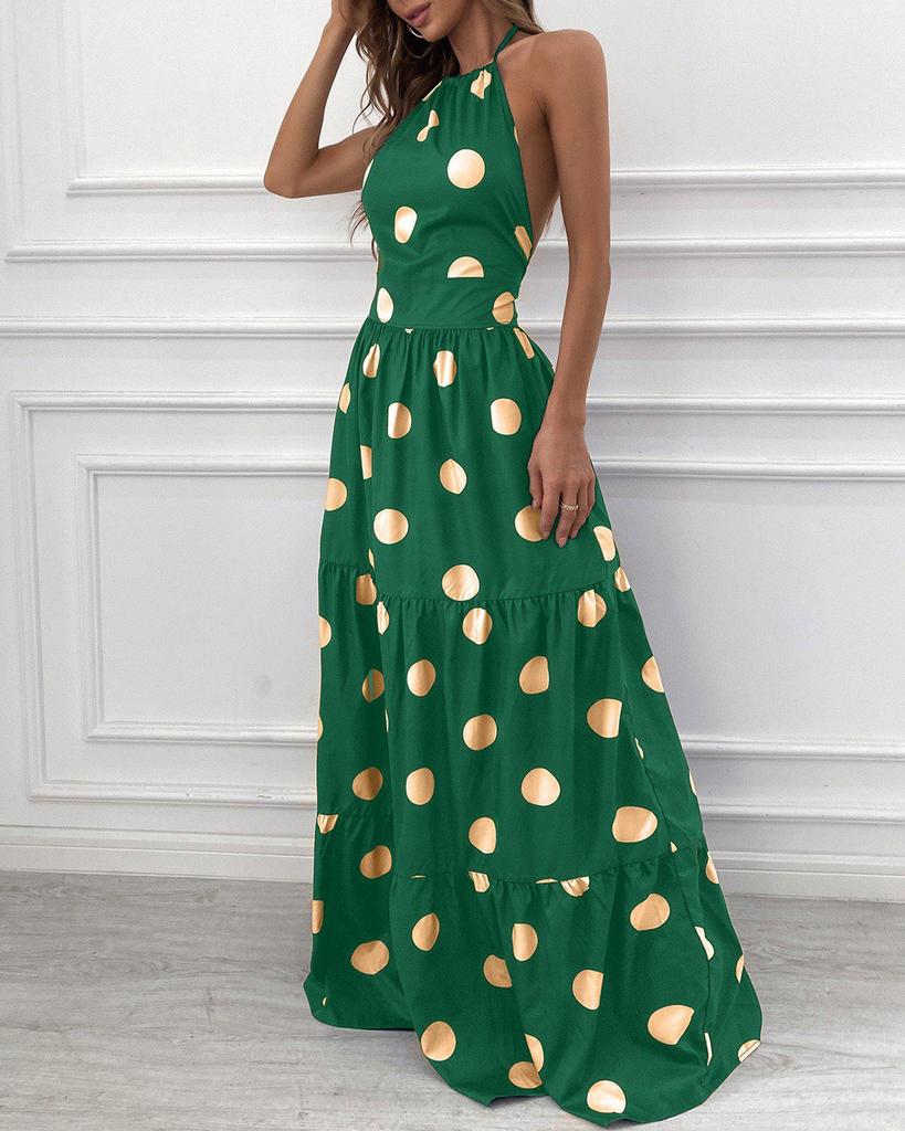Chic Polka Dot Print Sleeveless Maxi Dress-vocosishoes