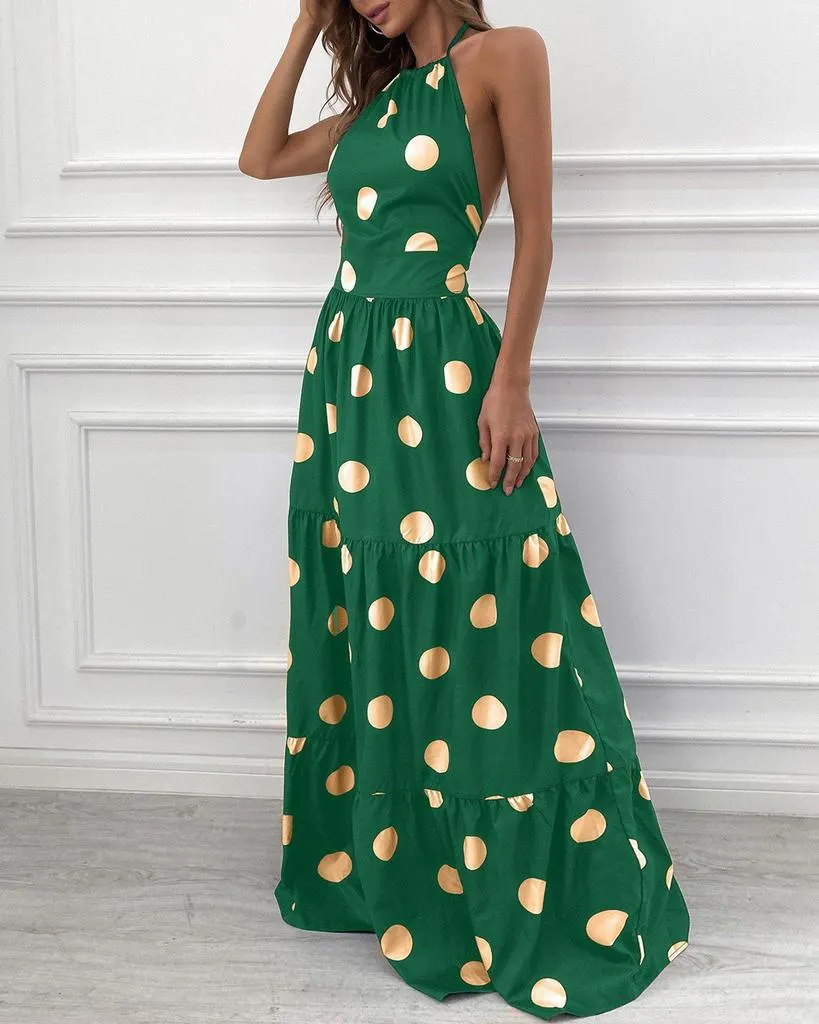 Chic Polka Dot Print Sleeveless Maxi Dress-vocosishoes