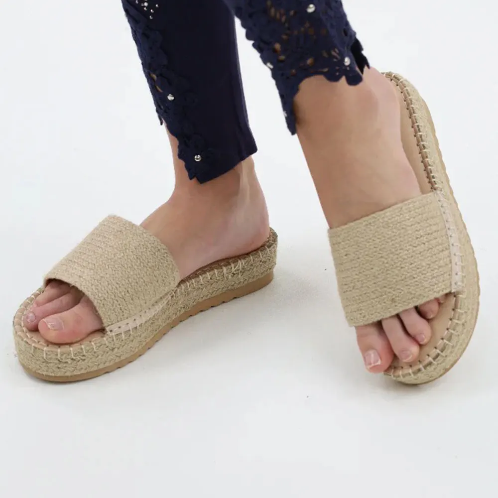 Round Toe Platform Slip On Nude Raffia Mules Sandals for Women