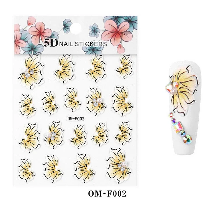 Nail Stickers Embossed 5D Flowers With Pearls Rhinestones Back Glue Nail Decals Decoration Tips For Beauty Salons-Nail Inspo
