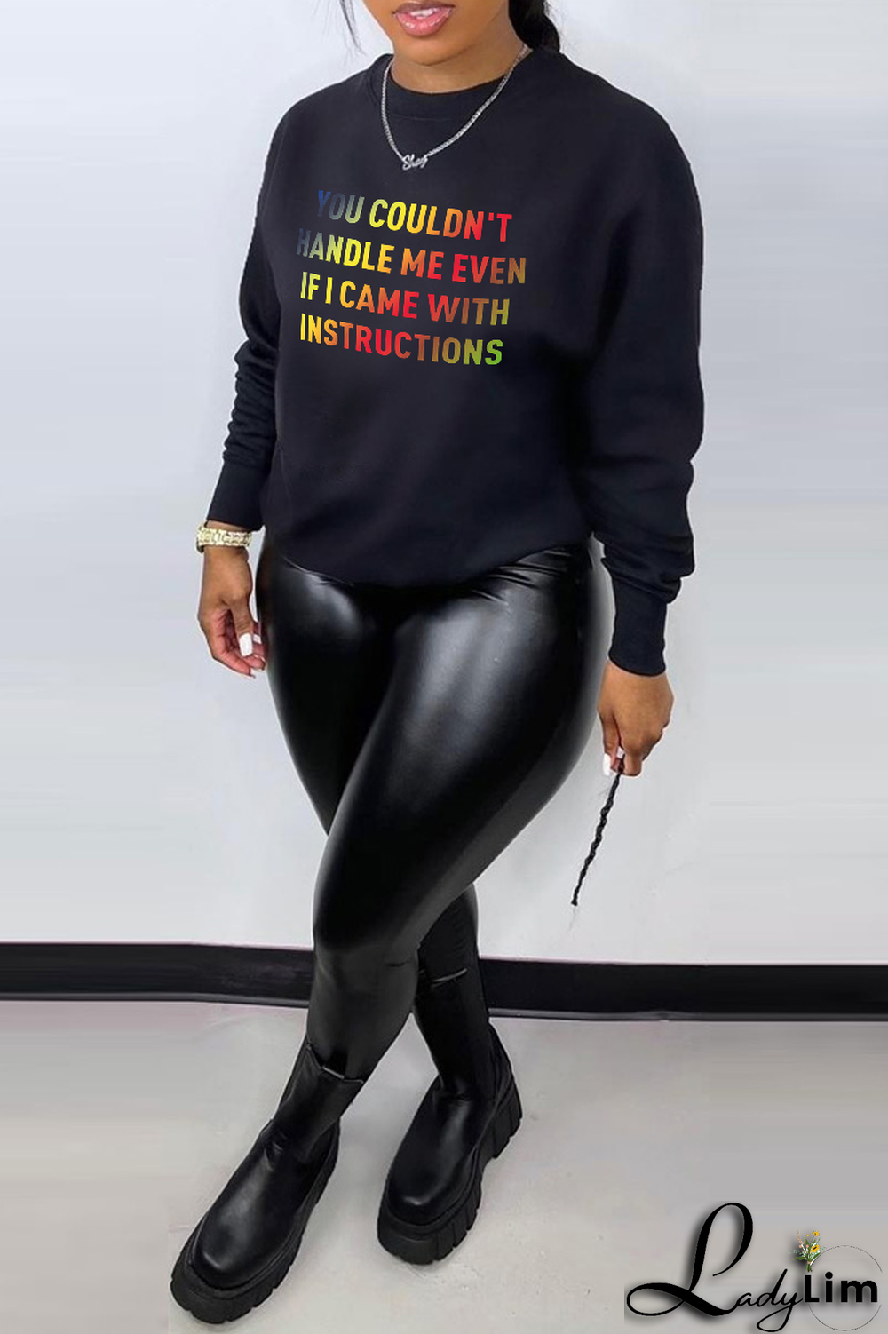 Black Fashion Print Letter O Neck Tops