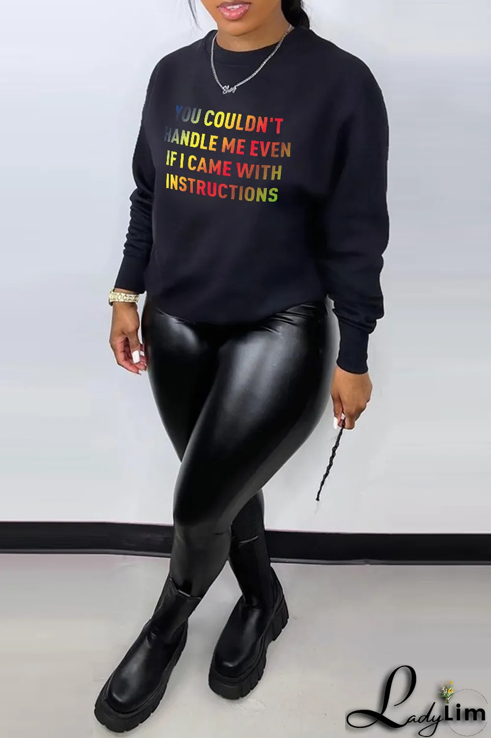 Black Fashion Print Letter O Neck Tops