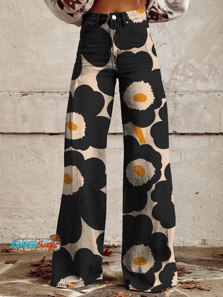 Women’s Flowers Art Print Casual Wide Leg Pants Multicolor / S