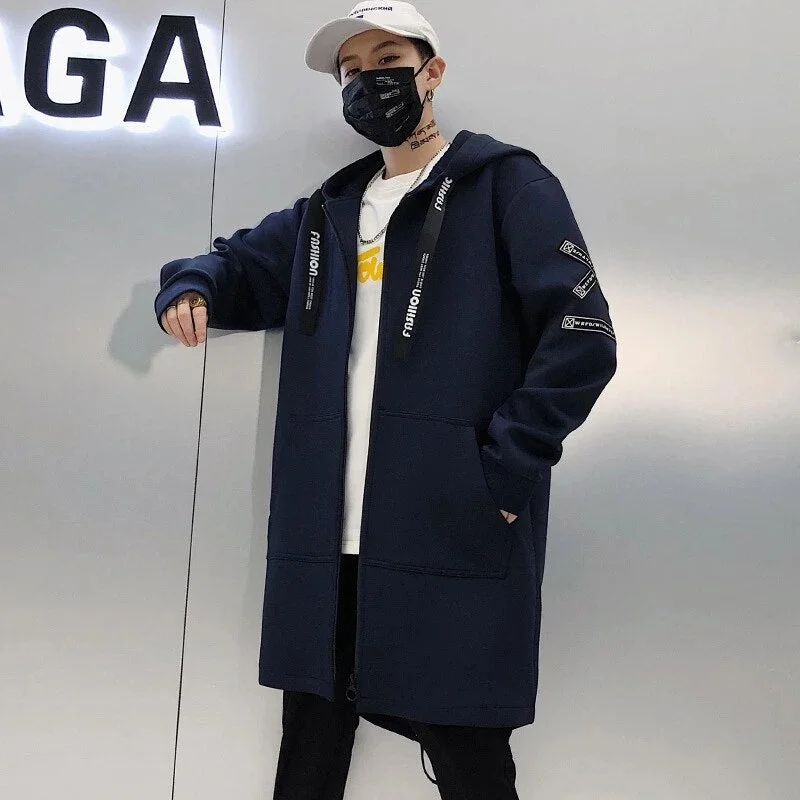 Long Jacket Men Print Fashion 2022 Spring Harajuku Windbreaker Overcoat Male Casual Outwear Hip Hop Streetwear Coats Plus Size