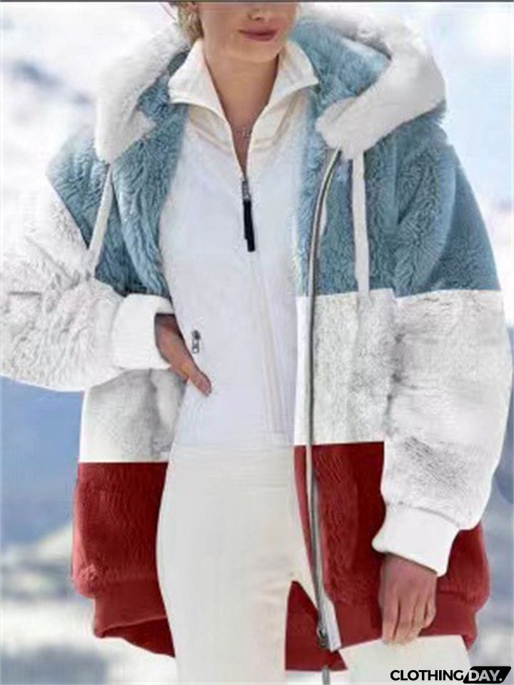Ladies Warm Fleece Patchwork Full Zipper Hooded Coat