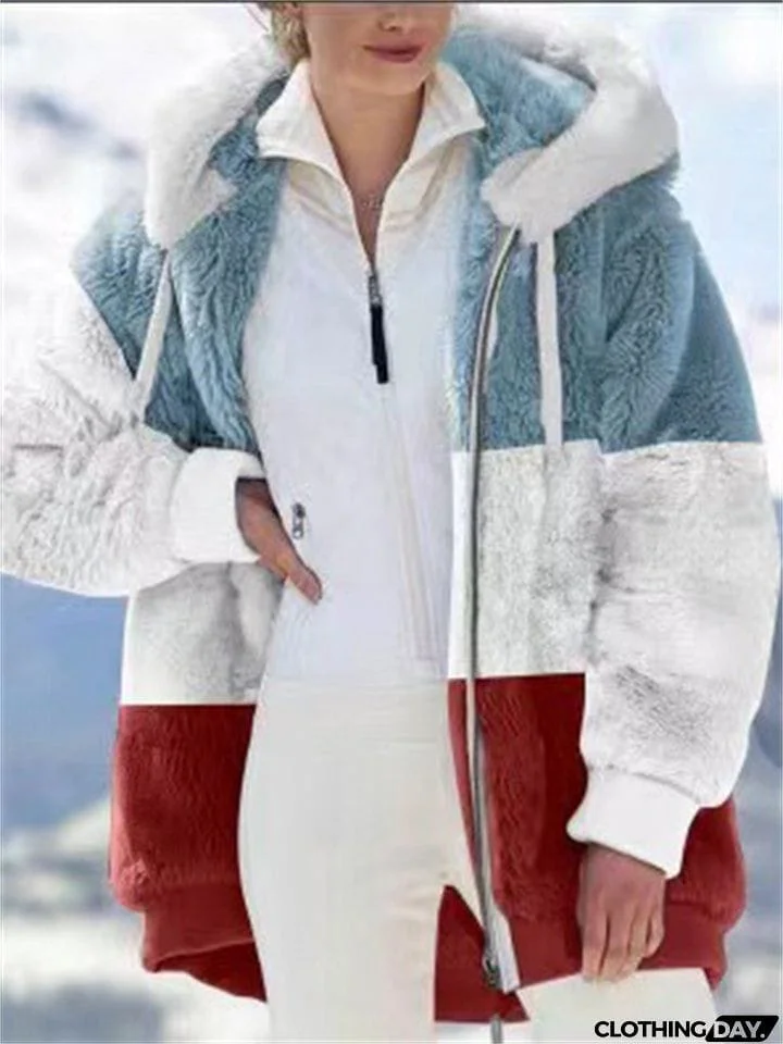 Ladies Warm Fleece Patchwork Full Zipper Hooded Coat