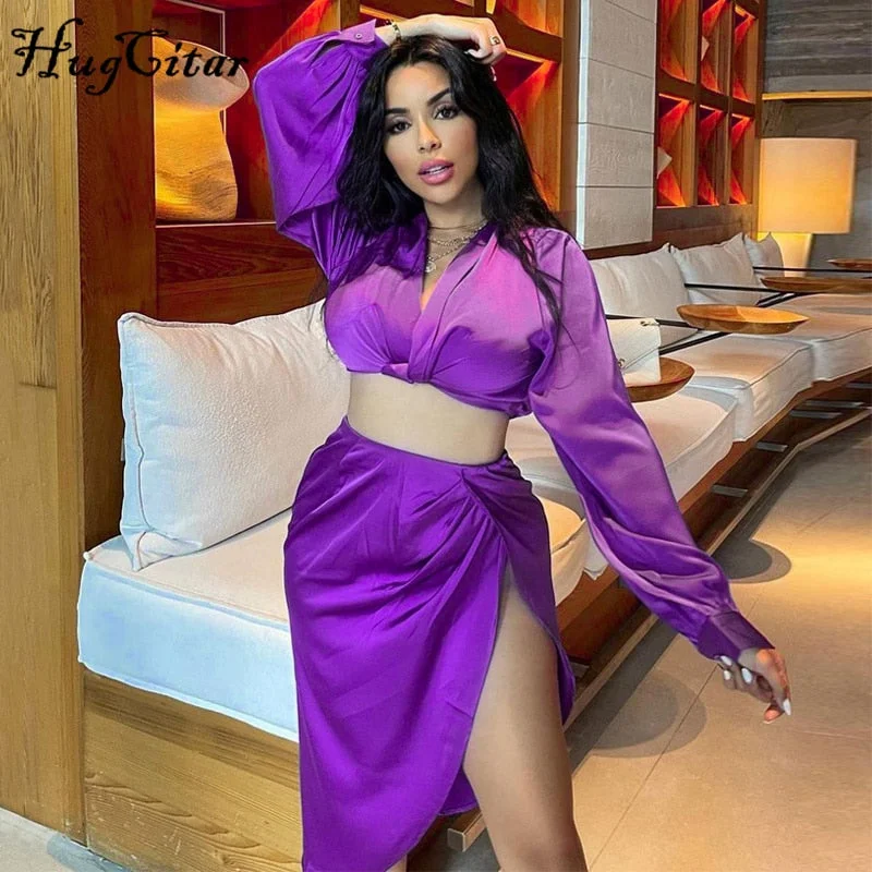 Hugcitar Solid Satin Women Long Sleeve Bandage Cut Out Crop Top Midi Dress 2 Piece Set 2021 Autumn Y2K Streetwear Outfit Fashion