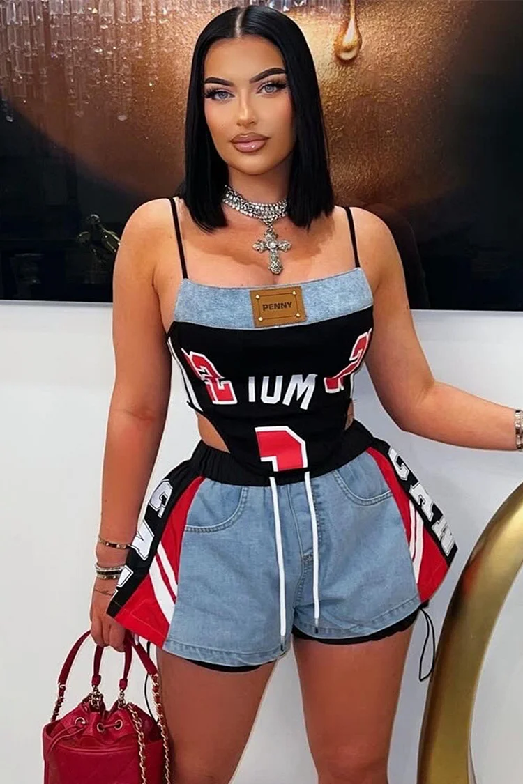 Letter Print Curved Hem Cami Denim Patchwork Shorts 2pcs Set-Blue [Pre Order]