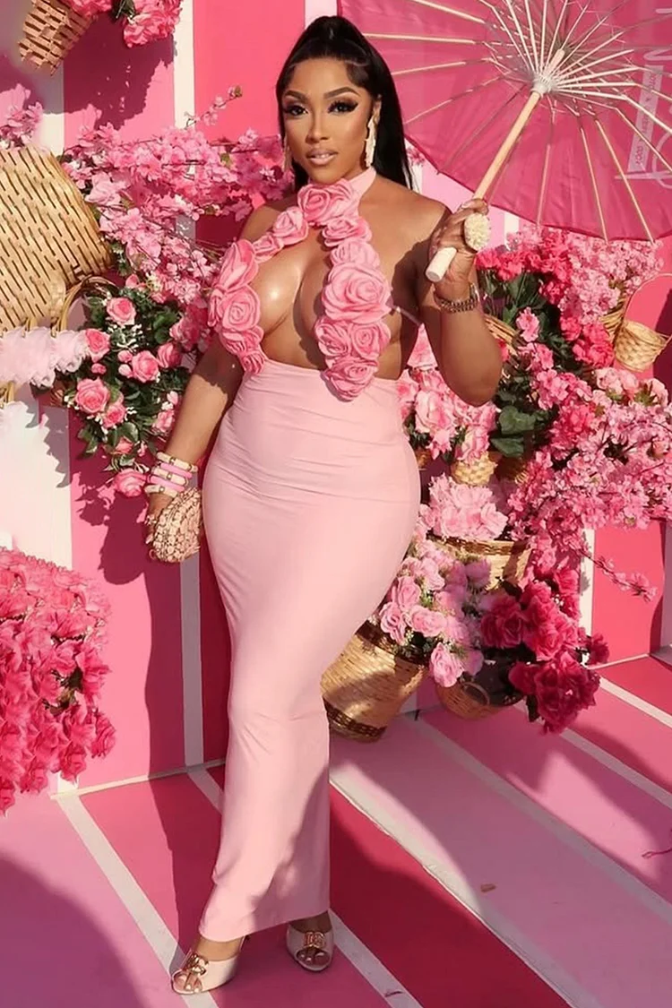 3D Flower Decor Halter Cutout Slim-Fit Party Maxi Dresses-Pink [Pre Order]