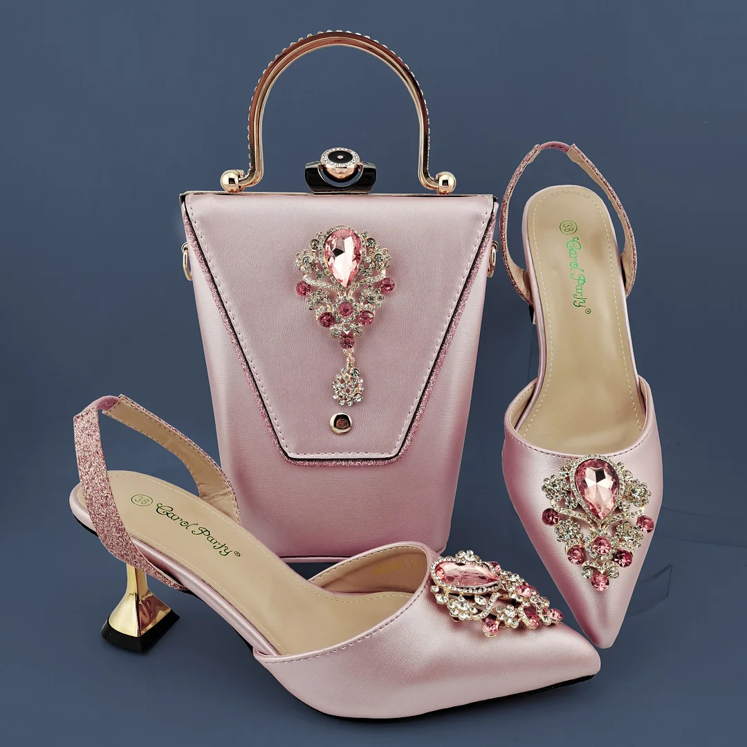 Latest Fashionable Wine Color Noble and Elegant Ladies Shoes and Bag Set Decorated With Heart-Shaped Rhinestone