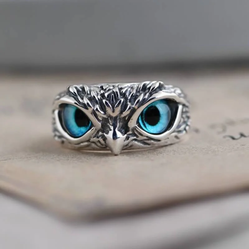 VigorDaily 925 Sterling Silver Demon Eye Owl Ring Adjustable