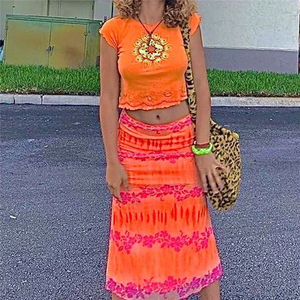 Women Fashion Sundress Floral Print Bright Colors Bohemian Style Casual Summer Holiday Beach Party Streetwear Orange Midi Skirt