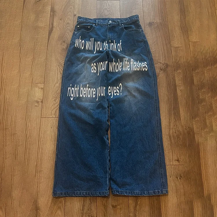 Y2K Narrow Straight Tube Retro American Printed Letter Pattern Jeans High Street Hip Hop Fashion Casual Men Women Wide Leg Jeans