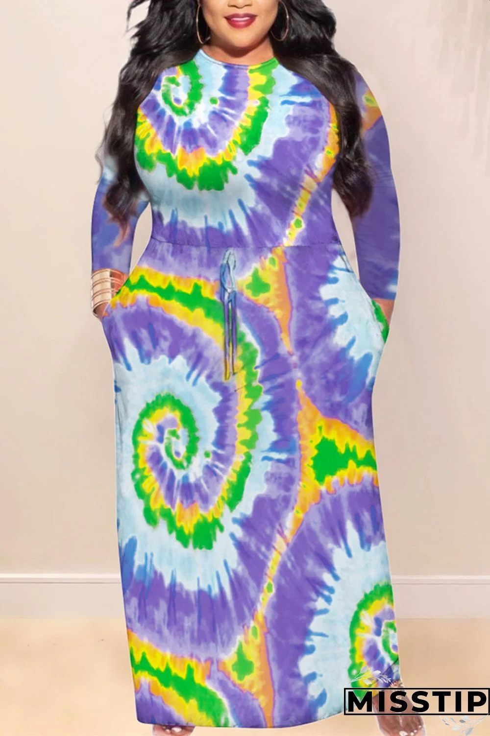 Purple Fashion Casual O Neck Long Sleeve Regular Sleeve Print Printed Dress Plus Size