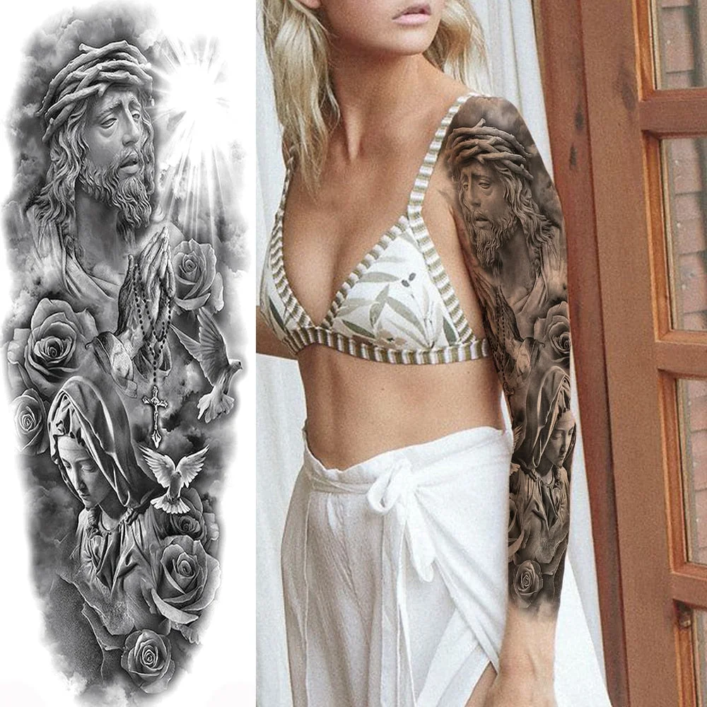 For Men Women Body Art Full Arm Sleeve Black Flower Tatoo Water Transfer Fake Tattoo Stickers Large Compass Temporary Tattoos