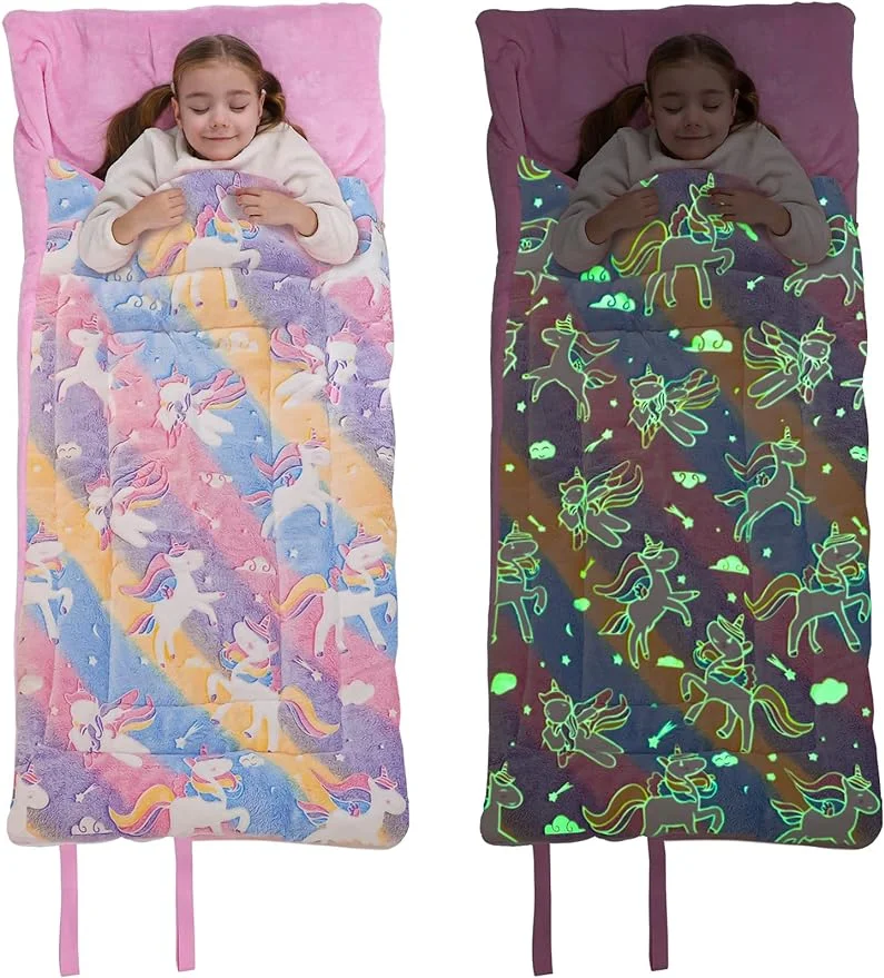 Qucover Kids Sleeping Bag Toddler Nap Mat 63" x 29" Glow in The Dark Blanket Fluffy with Padded Mat for Toddlers, Boys, Girls, Daycare, Preschool, Sleepover, Pink Unicorn/Rainbow Unicorn