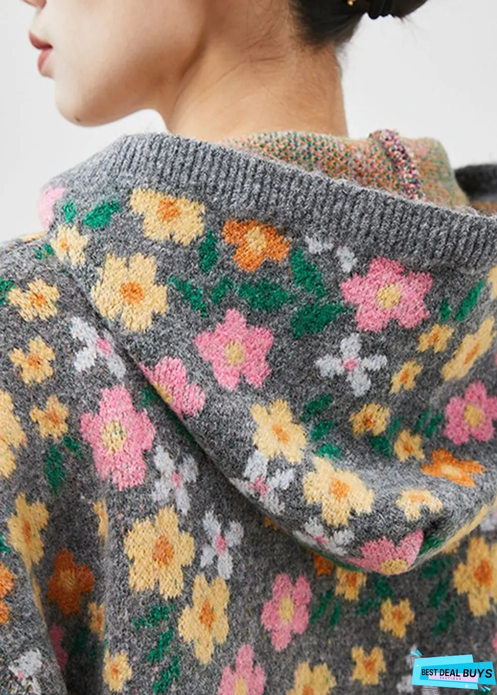 Stylish Grey Zip Up Floral Print Knit Coat Spring