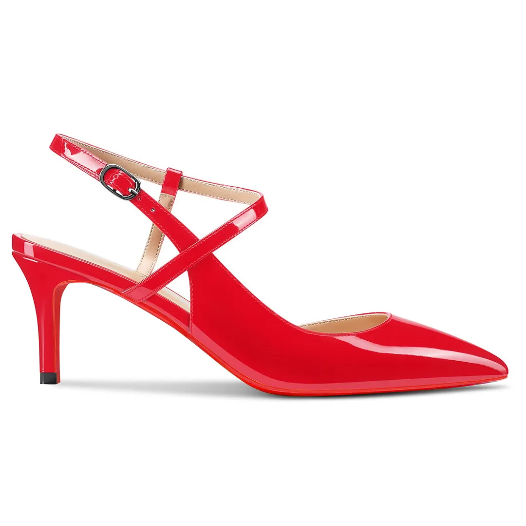 65mm Women Slingback Pumps Ankle Strap Jenlove Stiletto Mid Heel Close Pointed Toe Dress Red Bottoms Shoes-vocosishoes