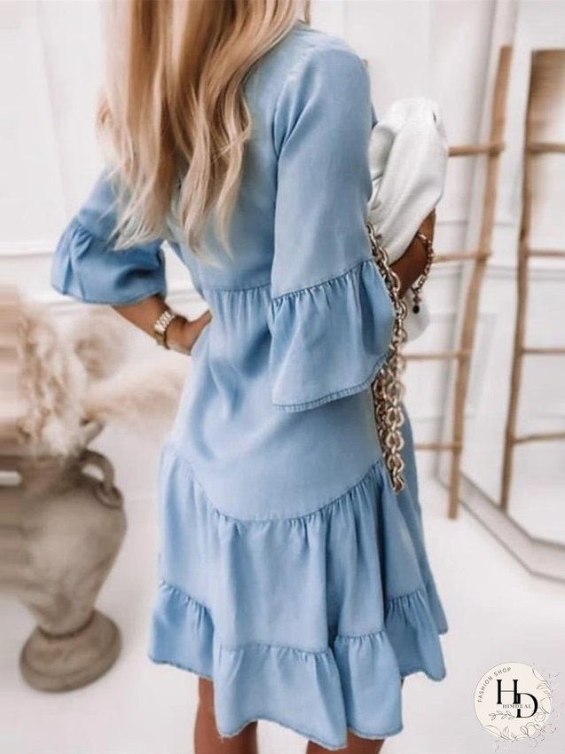 Denim Dress Casual Dress Denim Shirt Dress Midi Dress Denim Casual Outdoor Daily Vacation V Neck Button Half Sleeve Summer Spring Fall Loose Fit Light Blue Pure Color S M L XL XXL for Women