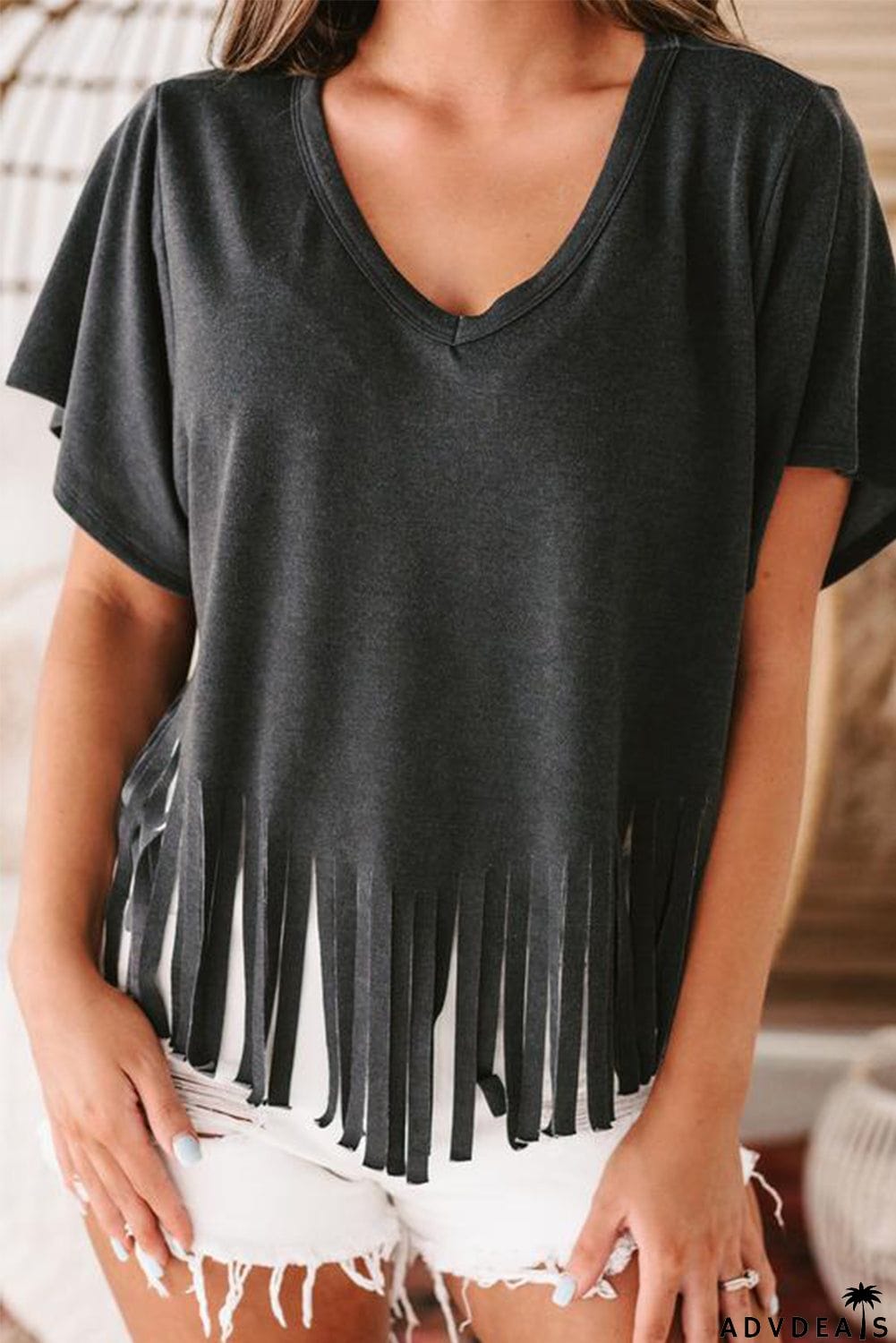 Fringe Hem V Neck T Shirt