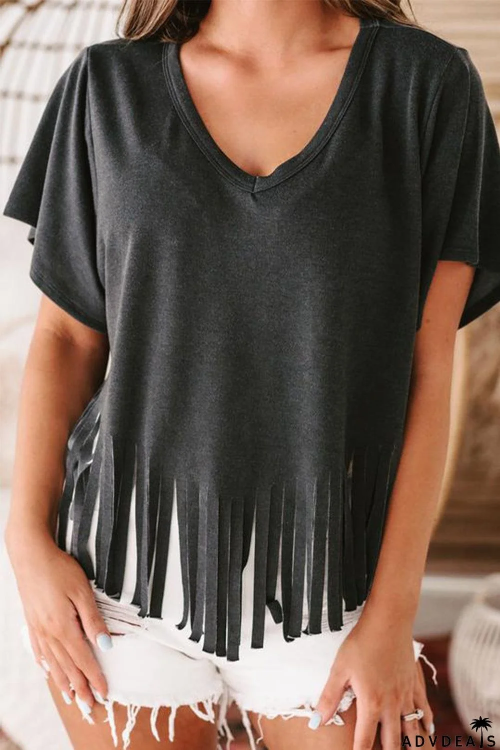 Fringe Hem V Neck T Shirt