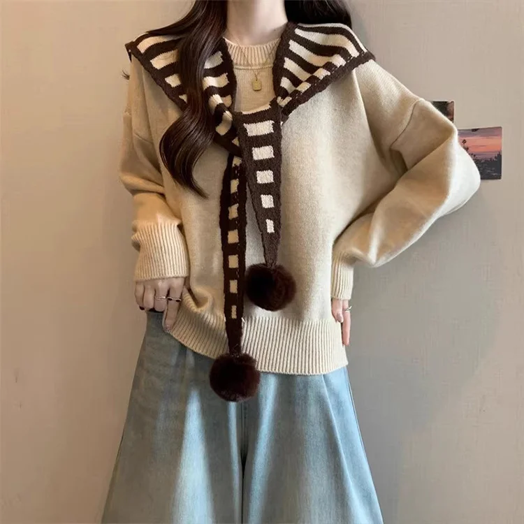 Athvotar Athvotar Two Striped Shawl Knitted Jersey Anola Red Sweater Women's Autumn And Winter Loose Knitted Top