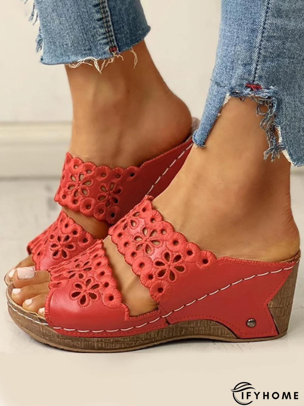 Embroidered Cutout Platform Wedge Slipper Sandals | IFYHOME