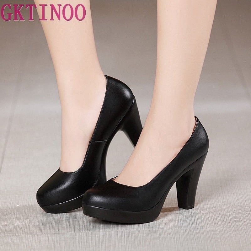 GKTINOO Genuine Leather shoes Women Round Toe Pumps Sapato feminino High Heels Shallow Fashion Black Work Shoe Plus Size 33-43