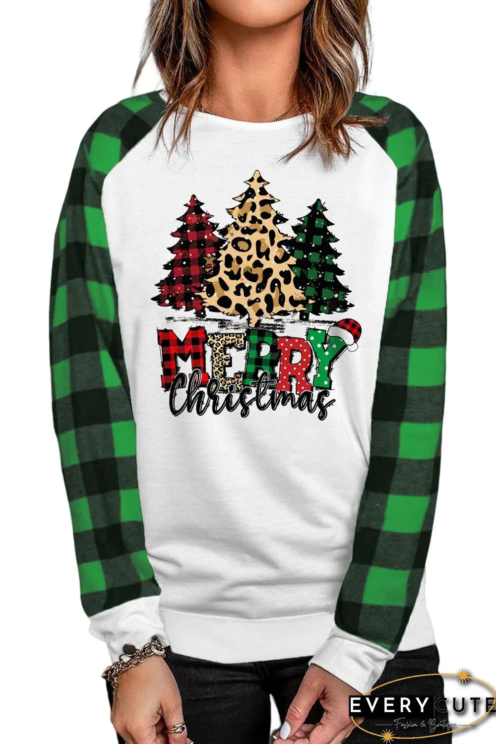 Green Plaid Raglan Sleeve Christmas Tree Sweatshirt