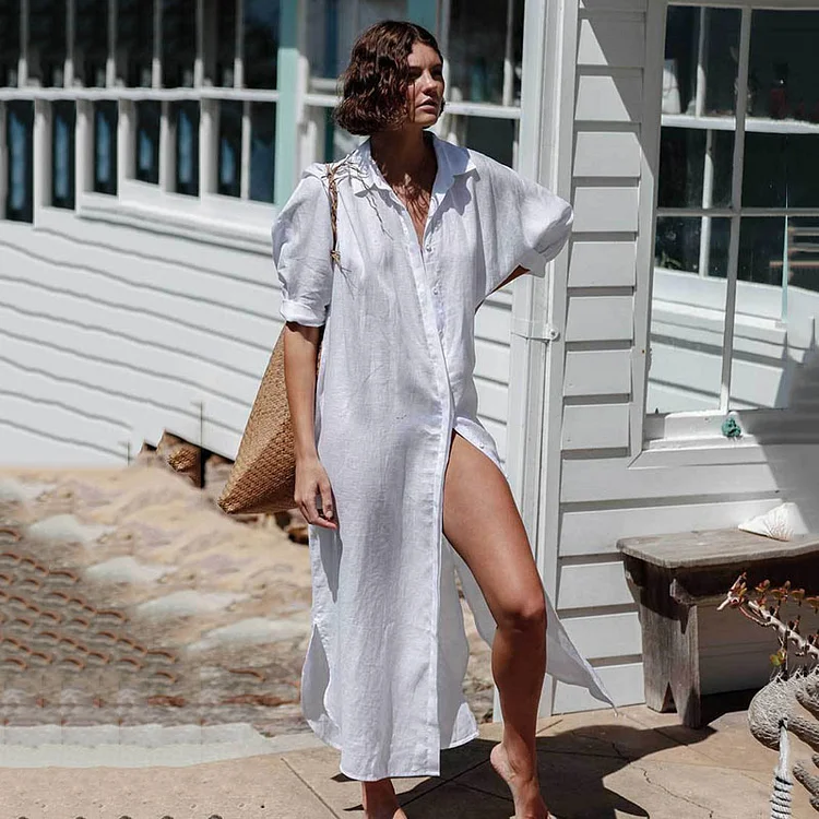 Casual Solid Color Shirt Beach Cover Up