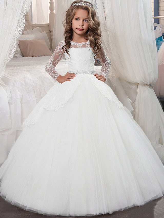 Oknass Princess Long Sleeve Jewel Neck  Flower Girl Dress Chiffon Lace Tulle With Lace  Crystals  Rhinestones