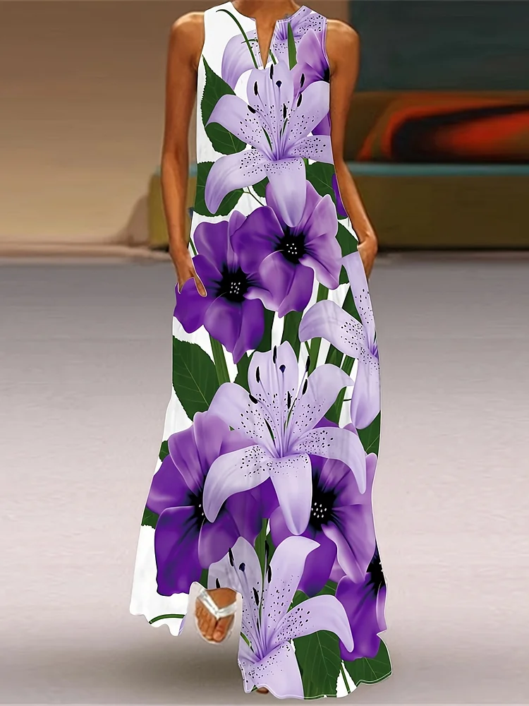 Sleeveless V-Neck Elegant Floral Print Maxi Dress For Women | A-Line Silhouette With Pockets - Perfect For Spring, Summer & Fall