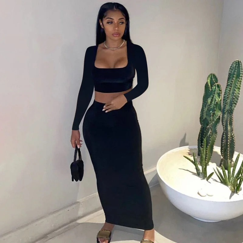 wsevypo Autumn Women Two-piece Clothes Set Solid Color Long Sleeve Pullover Crop Tops and High Waist Maxi Bodycon Skirts