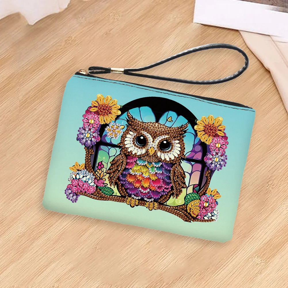 DIY Owl PU Partial Special Shaped Diamond Painting Wallet Makeup Bag